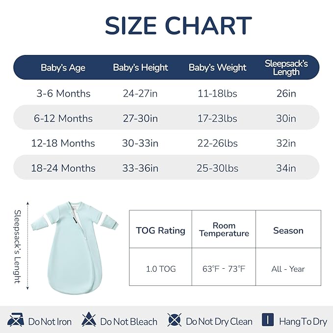 Baby Sleep Sack 18–24 Months, Cotton Sleep Sack with Detachable Long Sleeves, 1.0 TOG Wearable Blanket for Cooler Nights, 2-Way Zipper Toddler Sleeping Sack with Temperature Strip, Sage