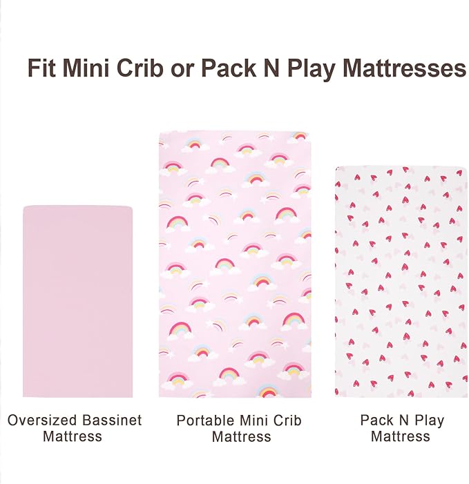 david's kids 3 Pack Mini Crib Sheets, Soft Breathable Premium Pack N Play Sheets for Baby Girls Neutral, Playard and Mini Crib Mattresses, Rainbow