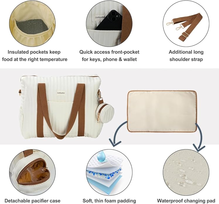 Diaper Bag Tote for Moms, Baby Hospital Bag with Insulated Bottle Pockets, Changing Pad & Stroller Straps