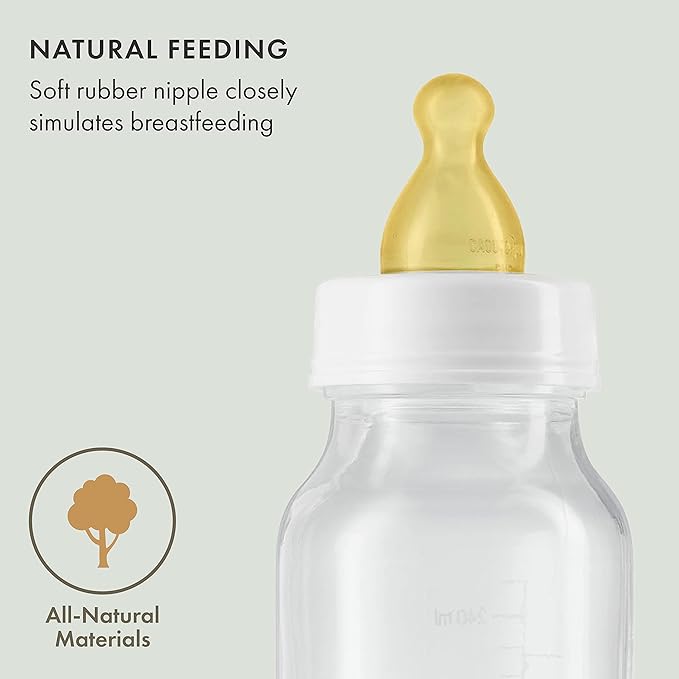 Natursutten Anti-Colic Glass Baby Bottle 2-Pack - 8 Ounce Bottles for Breastfeeding Babies - Newborn Bottles Set: Natural Rubber Slow-Flow Bottle Nipples, Seals, Valves, Baby Bottle Caps