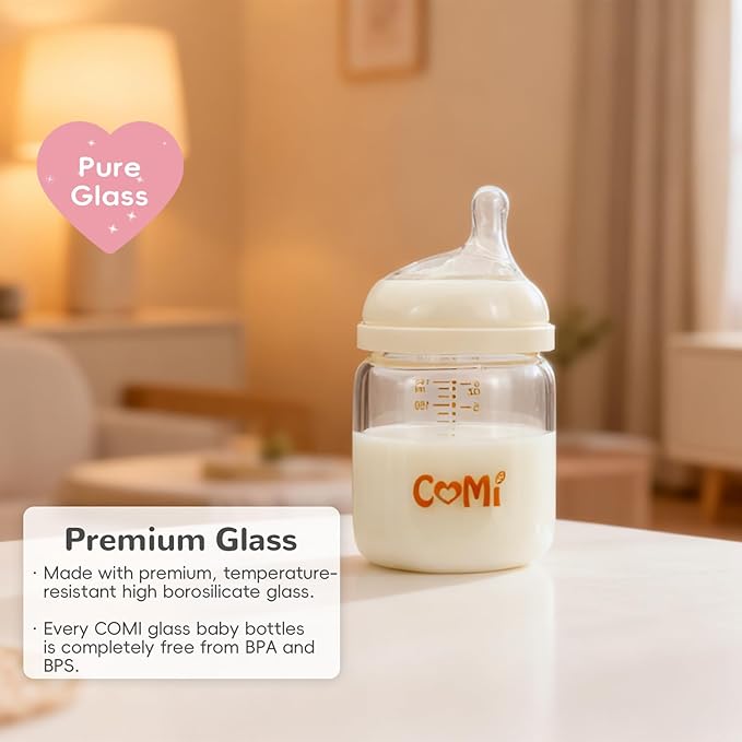COMI Natural Glass Baby Bottles for Breastfeeding Babies,Newborn Anti-Colic Baby Bottle Set with Slow Flow Nipple,0-3 Months,BPA-Free,4 oz and 6 oz,2 Pack