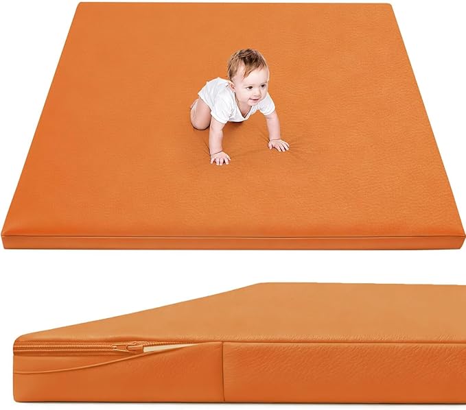 Waterproof Baby Play Mat for Floor 1.3"Thick Memory Foam 47*47 Cushion Playpen Playmat Tummy Time Crawling Mat Nursery Rug Pad Mattress Create Soft & Safe Area for Infants,Toddler,Kid,Orange
