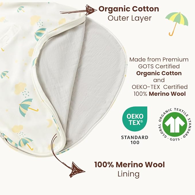 AnZai Merino Wool & Organic Cotton Sleep Sack for 2-24 Months - 2 Way Zipper Adjustable Sleeping Bag, Year Round