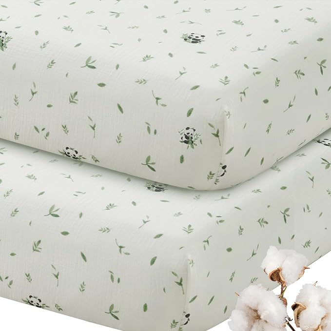 SiinvdaBZX 2 Pcs Muslin Crib Sheets Neutral, Ultra Soft Cotton Breathable Fitted Baby Crib Mattress Sheets for 52"x28" Standard Toddler Mattress (2Pcs Panda)