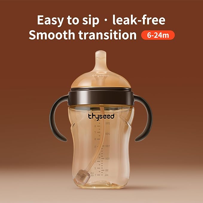 thyseed PPSU Weighted Straw Cup with Handles Toddlers Transition Bottles to Sippy Cups No Spill Learner Milk Water Baby Bottle Soft Silicone Spout Dishwasher Safe BPA Free 6+ Months 10oz/300mL 2 Pack