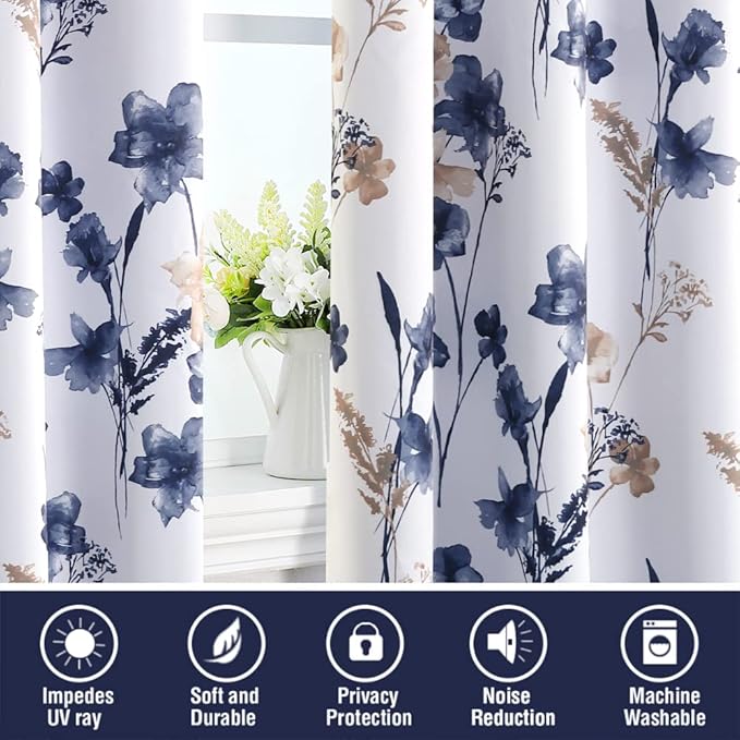 H.VERSAILTEX 100% Blackout Curtains 63 inch Length 2 Panels Set Cattleya Floral Printed Drapes Leah Floral Thermal Curtains for Bedroom with Black Liner Sound Proof Curtains, Navy and Taupe