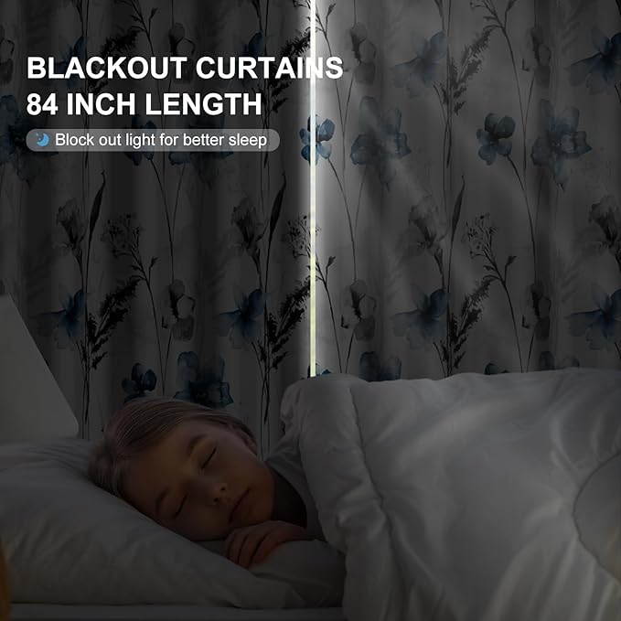 Watercolor Blue Floral Blackout Curtains for Living Room and Bedroom, Grommet Light Filtering Black Out Window Curtains 84 Inch Long 2 Panel Sets, Room Darkening Thermal Curtains for Winter Insulated