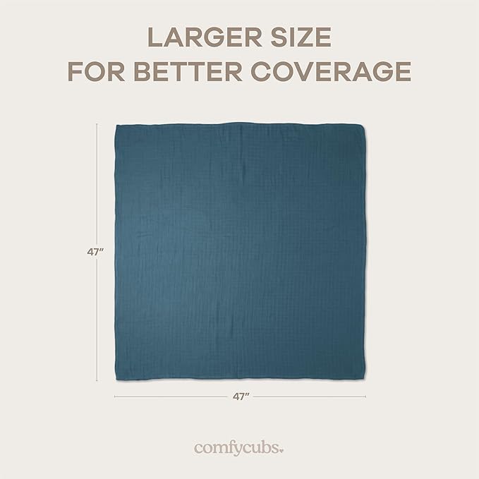 Comfy Cubs Muslin Swaddle Blankets Pack of 4, 47 x 47 Inches, Soft Cotton Baby Blanket Set, Large Multipurpose Swaddling Wraps for Newborns - Self-Soothing Swaddle - Sage, Pacific Blue, Fern, Neptune