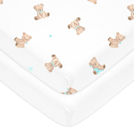 American Baby Company 2 Pack 100% Natural Cotton Fitted Mini Crib Sheets 38" x 24" - Soft & Breathable Small Nesting Portable Sheets, Fits Pack N Play Mattresses, Bear and White, for Boys & Girls