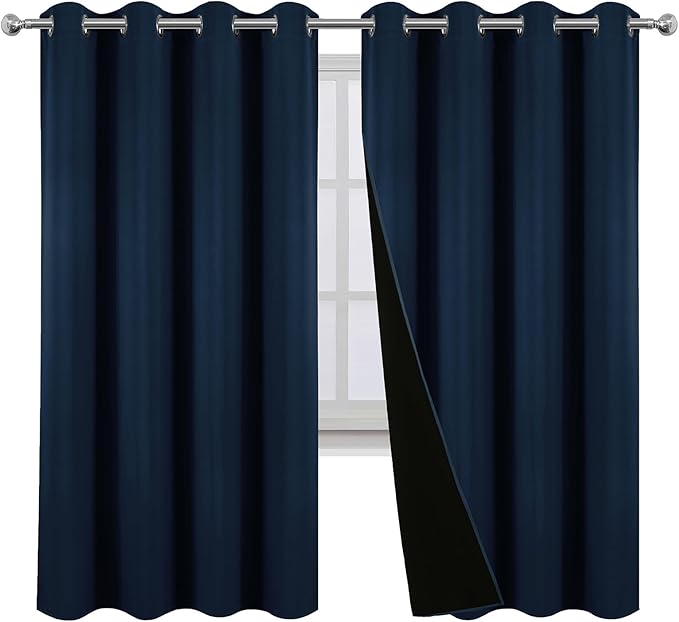 LEMOMO 100% Blackout Curtains 52 x 63 Inch Navy Blue Curtains 2 Panels Darkening Thermal Insulated Bedroom Curtains