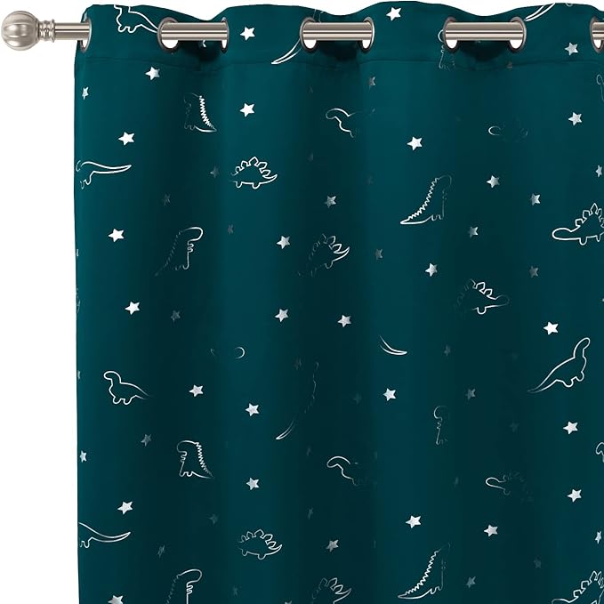 LORDTEX Dinosaur and Star Foil Print Blackout Curtains for Kids Room - Thermal Insulated Curtains Noise Reducing Window Drapes for Boys and Girls Bedroom, 52 x 63 Inch, Sapphire, Set of 2 Panels