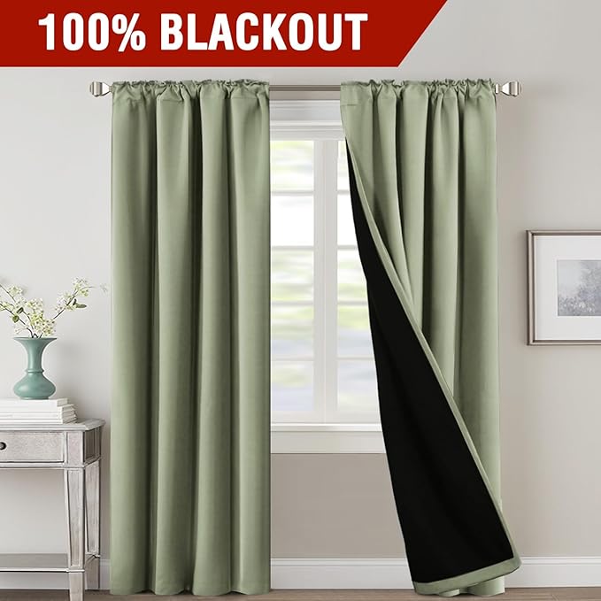 H.VERSAILTEX 100% Blackout Curtains for Bedroom with Black Liner Full Room Darkening Curtains Thermal Insulated Back Tab/Rod Pocket Window Drapes for Living Room, 2 Panels, 42 x 84 Inch, Sage
