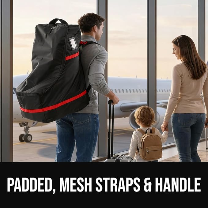 GORILLA GRIP Tear and Water Resistant Padded Car Seat Travel Bag for Airplane and Airport, Universal Fit Baby Carseat Bags, Handle & Shoulder Straps, Air Gate Check Toddler Stroller Carrier, Red