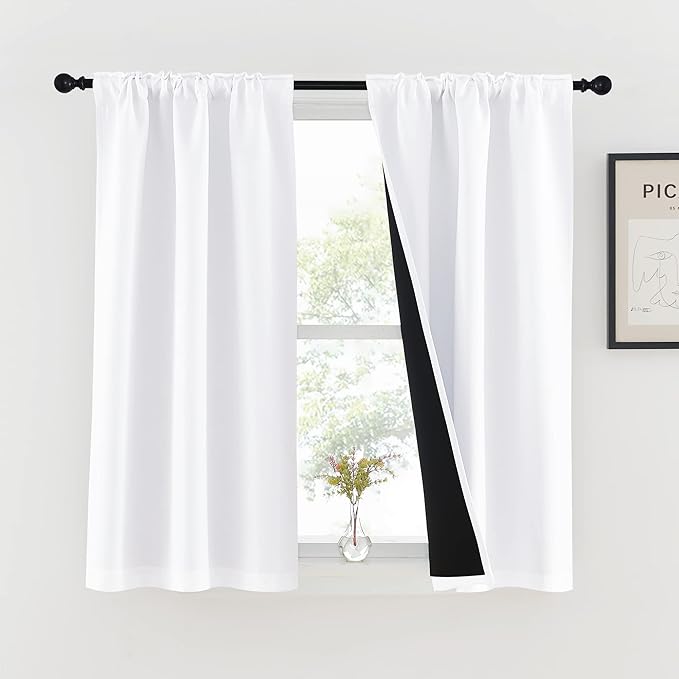 NICETOWN Cold Reducing 100% Blackout Small Window Curtain Panels, Drapes with Black Liner, 45 Inches Drop Thermal Insulated Draperies for Cafe (White, 2 Pieces, 37 inches Wide Each Panel)