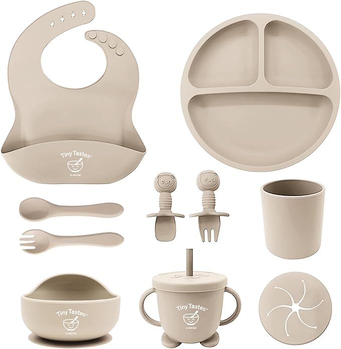 Tiny Tastes 10-Piece Silicone Baby Feeding Set – BPA-Free, Spill-Proof Suction Plate, Bowl, Bib, Snack Cup & Utensils | Dishwasher Safe, Baby Gift Ready (Beige)
