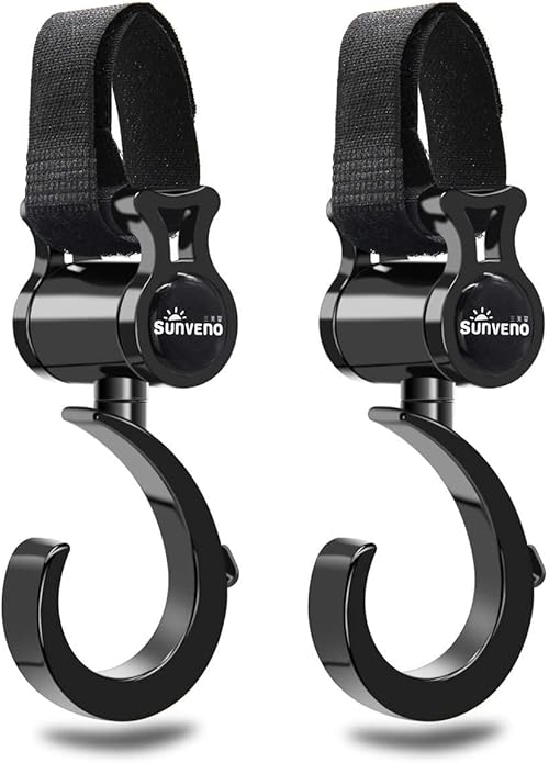 SUNVENO Stroller Hooks 2 Pack, 360° Rotating Universal Stroller Clips with Adjustable Straps, Heavy Duty Bag Holders for Diaper Bags, Purses, Groceries and Travel Use