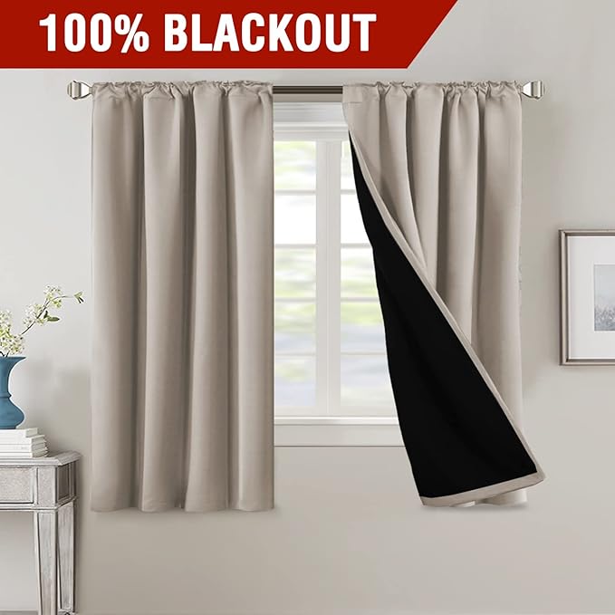 H.VERSAILTEX 100% Blackout Curtains for Bedroom with Black Liner Full Room Darkening Curtains Thermal Insulated Back Tab/Rod Pocket Window Drapes for Living Room, 2 Panels, 42 x 63 Inch, Natural Sand