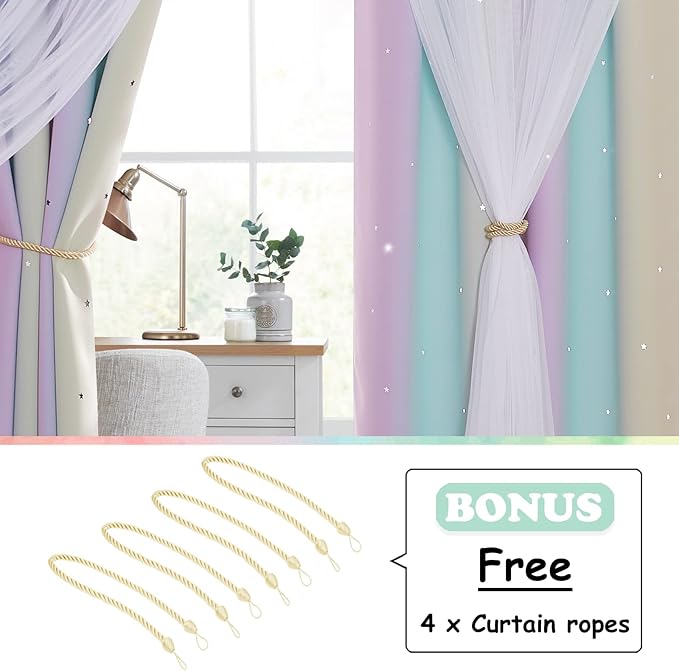 NICETOWN Kids Room Decor for Girls, White Gauze & Blackout Drapes Assembled, Star Cut Curtain Panels with Versatile Styling Options (Purple & Blue & Yellow, Each is W52 x L84, Sold by 2 Panels)