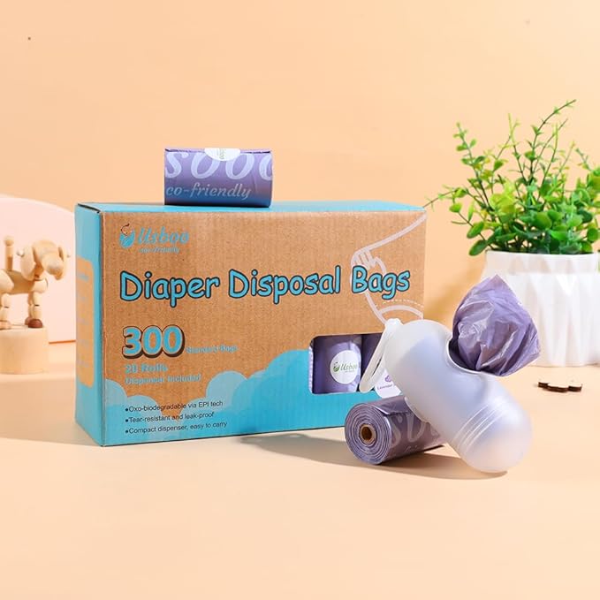 USBOO Disposable Diaper Bags for Baby, 20 Refill Rolls (300 Pack),Baby Poop Bags with Dispenser, Essential for Travel and Quick Change on The Go, Purple and Lavender Scented