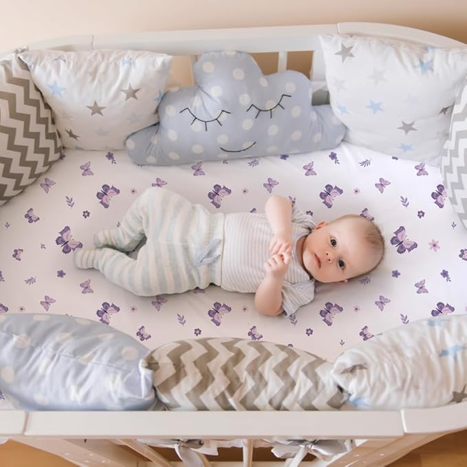 4 Pack Butterfly Baby Crib Sheets for Baby Girls Purple Crib Fitted Sheets for Standard Size Crib and Toddler Mattress Soft and Breathable (Bassinet)