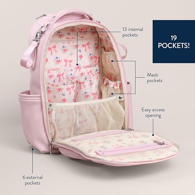 Itzy Ritzy Diaper Bag Backpack – Large Capacity Boss Plus Baby Backpack Diaper Bag Featuring 19 Pockets, Changing Pad, Stroller Clips, and Comfortable Straps (Pink Ribbons & Roses)