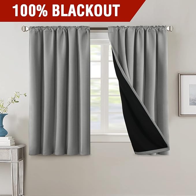 H.VERSAILTEX 100% Blackout Curtains for Bedroom with Black Liner Full Room Darkening Curtains 54 Inches Long Thermal Insulated Back Tab/Rod Pocket Window Drapes for Living Room, 2 Panels, Dove Grey