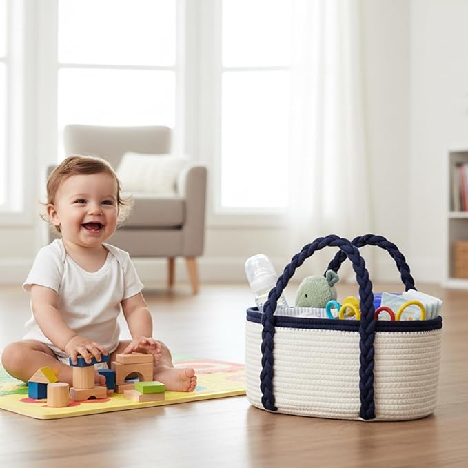 Baby Diaper Caddy, Portable Diaper Organizer for Changing Table, Car Travel Baby Shower Gifts Newborn Essentials, Cotton Rope Nursery Storage Basket for Boys (White＆Navy Blue)