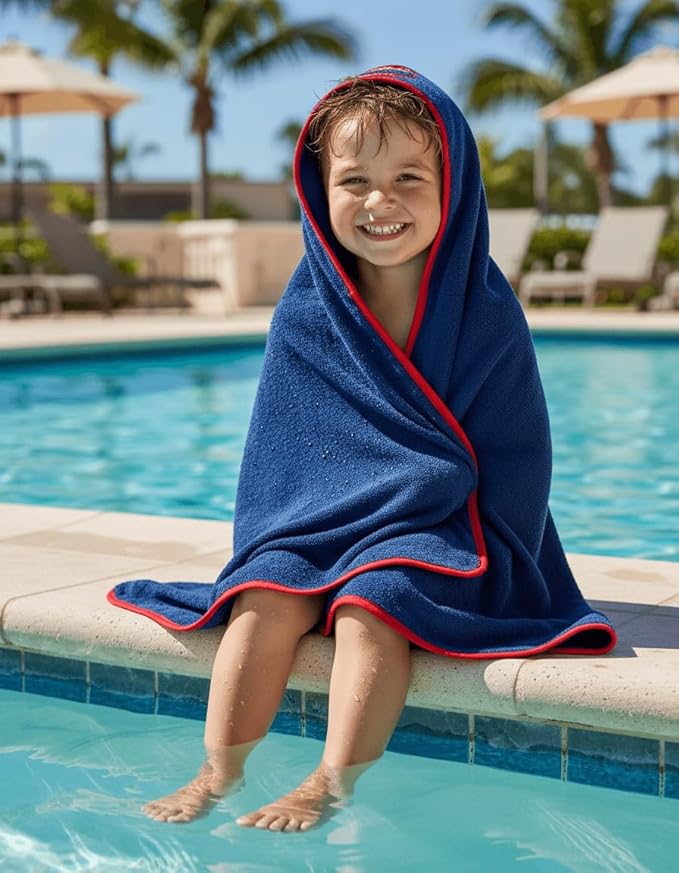 BAGNO MILANO Kids Organic Turkish Cotton Hooded Beach Cover-Up Towel, GOTS Certified, for Boys and Girls (Racer Navy, 24"x48"+8"/Hooded Towel)