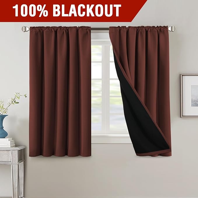 H.VERSAILTEX 100% Blackout Curtains for Bedroom with Black Liner Full Room Darkening Curtains 54 Inches Long Thermal Insulated Back Tab/Rod Pocket Window Drapes for Living Room, 2 Panels, Rust