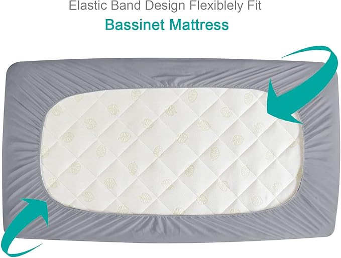 Bassinet Mattress Pad Cover Waterproof, Quilted Mattress Protector Sheets Fits All Mainstream Bassinet - Rectangle, Oval, Hourglass, 2 Pack, 17'' x 33'', Ultra Soft Breathable, White and Grey