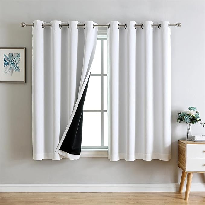 G2000 100% Blackout Curtains for Bedroom & Living Room - 63 Inch Length, White, Room Darkening, Grommet, Thermal Lined, Insulated, Light Blocking, Noise Reducing - 2 Panel Set