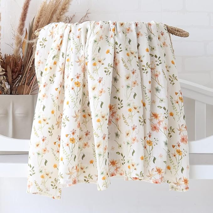 LifeTree Baby Swaddle Blankets, Muslin Swaddle Blankets Boys Girls Swaddling Wrap Receiving Blanket for Newborn, 70% Viscose Bamboo and 30% Cotton, Large 47" x 47", WildFloral Pattern