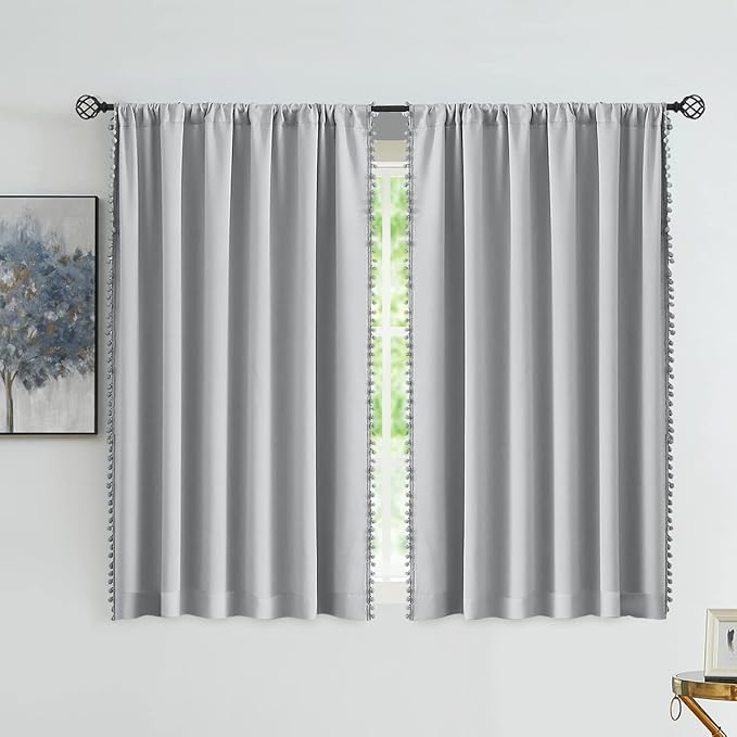Treatmentex Pom-Pom Grey Blackout Curtains 45inches Short Window Curtain Panel Set for Laundry Basement Drapes for Kids 2 Panels Rod Pocket