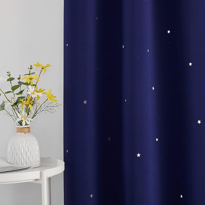 NICETOWN Kids Room Darkening Navy Blue Curtains, Galaxy Theme Starry Blackout Drapes Thermal Insulated Small Window Grommet Curtains (1 Pair, W34 Inches x L54 Inches)