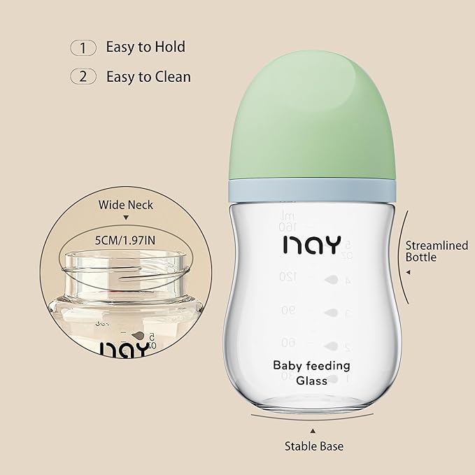 yanyoyo Natural Glass Baby Bottle Wide Neck, Anti-Colic Baby Bottle, Clear, 5.4oz(Pack of 4), Includes 4Pcs Natural Response Nipple(S), 1 Months+