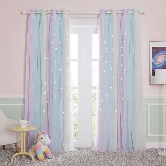 NICETOWN Kids Room Decor for Girls, White Gauze & Blackout Drapes Assembled, Star Cut Curtain Panels with Versatile Styling Options (Purple & Blue & Yellow, Each is W52 x L84, Sold by 2 Panels)