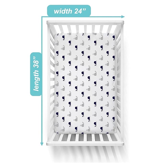 American Baby Company 2 Pack 100% Natural Cotton Fitted Mini Crib Sheets 38" x 24" - Soft & Breathable Small Nesting Portable Sheets, Fits Pack N Play Mattress, Navy Whale/Gray Zigzag, for Boy & Girl