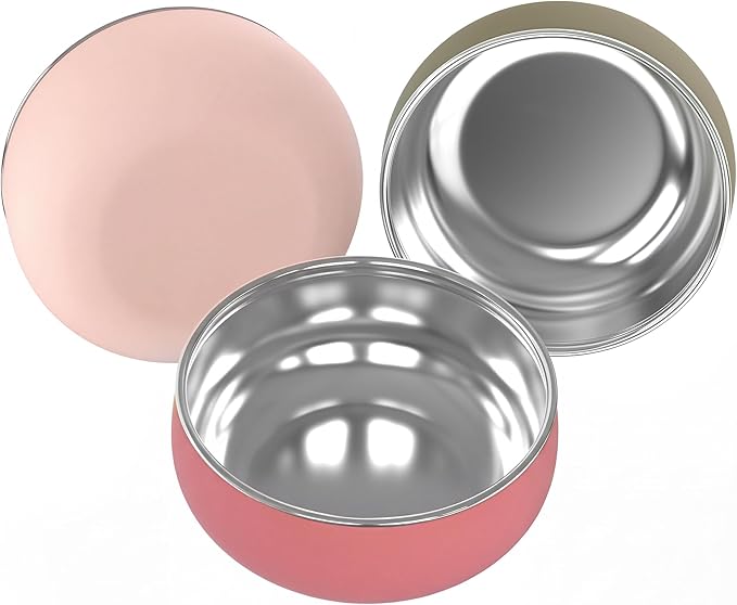 Bella's Friends Stainless Steel Baby Bowls with Silicone Sleeve 3 Pack, 4.3” for Toddlers Kids Feeding, Non-Slip, Non-Toxic, Mess-Free, Dishwasher Safe, Fit High Chair Size, Rose green Khaki