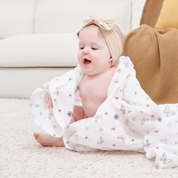 Little Grape Land Muslin Swaddle Blankets 47''x47'' 4 Pack, 100% Cotton Large Size Baby Swaddles for Newborn, Soft Breathable Baby Blankets for Newborns, Butterfly&Bunny