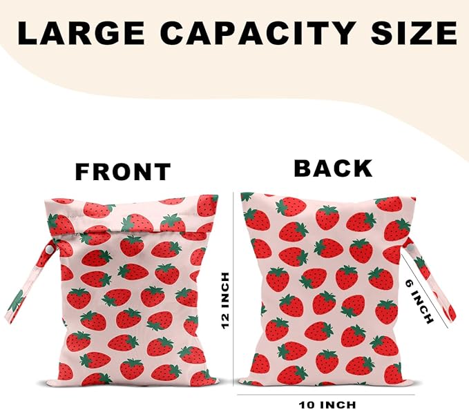 2Pcs Summer Fruits Wet Bags 12x10 Inch, Strawberry Orange Waterproof Travel Laundry Bags, Reusable Wet Dry Bag for Swimsuit Beach Diapers Dirty Yoga Gym Clothes, Travel Gifts for Women Friend