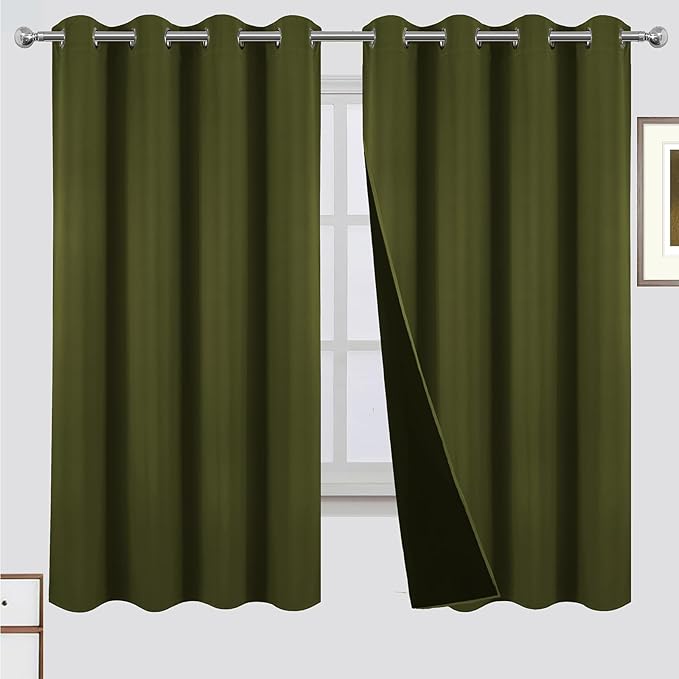 LEMOMO 100% Blackout Curtains 52 x 63 Inch Olive Green Curtains 2 Panels Darkening Thermal Insulated Bedroom Curtains