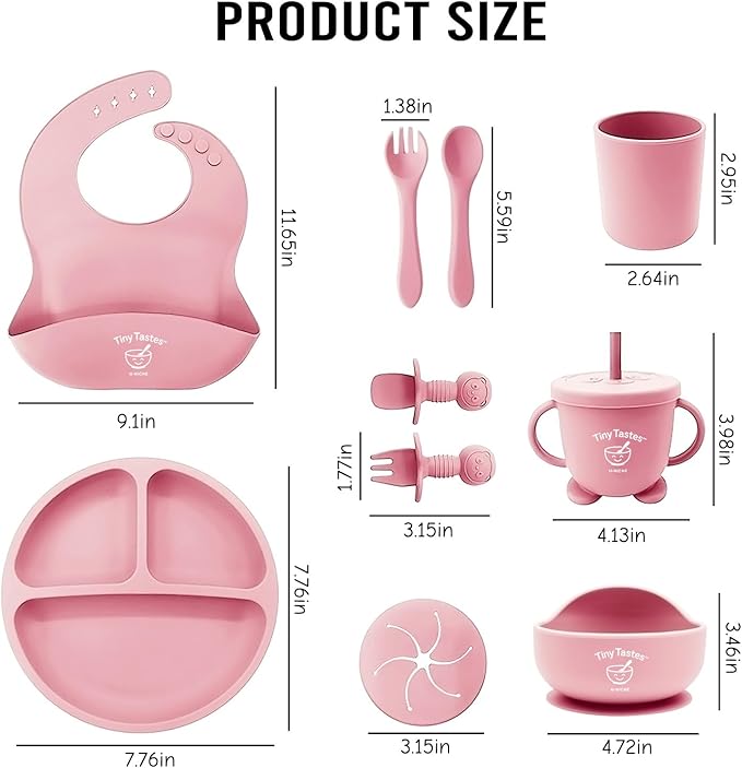 Tiny Tastes 10-Piece Silicone Baby Feeding Set – BPA-Free, Spill-Proof Suction Plate, Bowl, Bib, Snack Cup & Utensils | Dishwasher Safe, Baby Gift Ready (Light Pink)