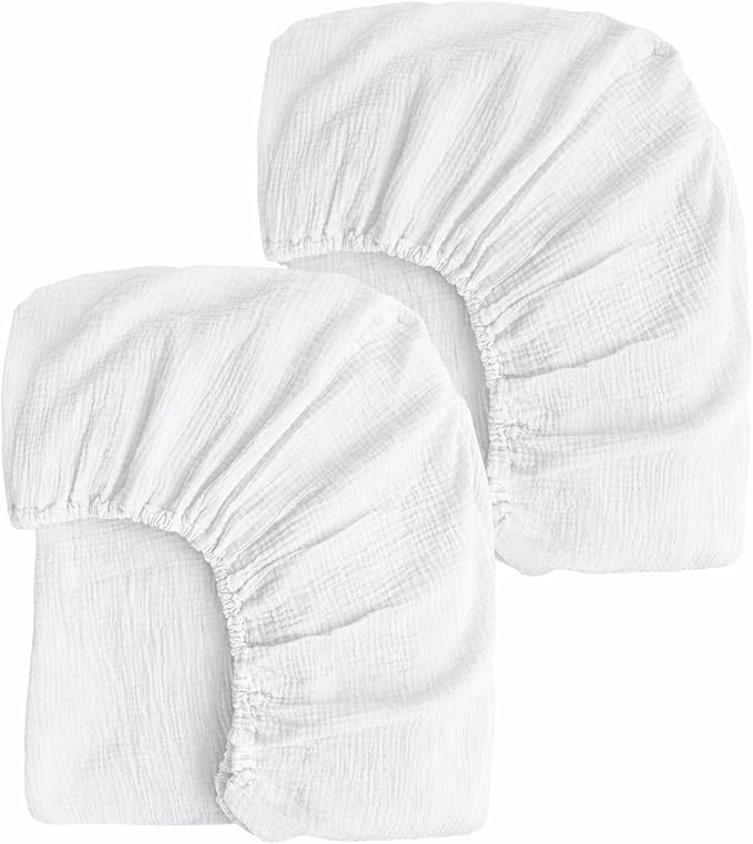 PET REJOIR 2 Pack White Muslin Mini Crib Sheets for Girl and Boy- Neutral Breathable Mini Crib Mattress Sheets Fitted for 24"x 38" -Nursery Décor Soft No Slip Crib Bed Sheets