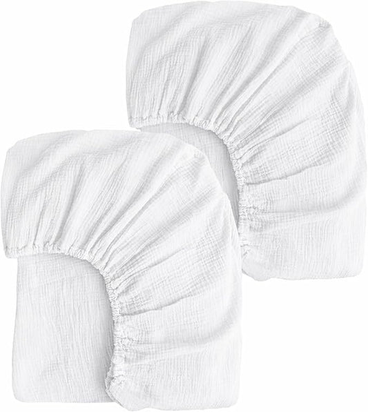 PET REJOIR 2 Pack White Muslin Mini Crib Sheets for Girl and Boy- Neutral Breathable Mini Crib Mattress Sheets Fitted for 24"x 38" -Nursery Décor Soft No Slip Crib Bed Sheets