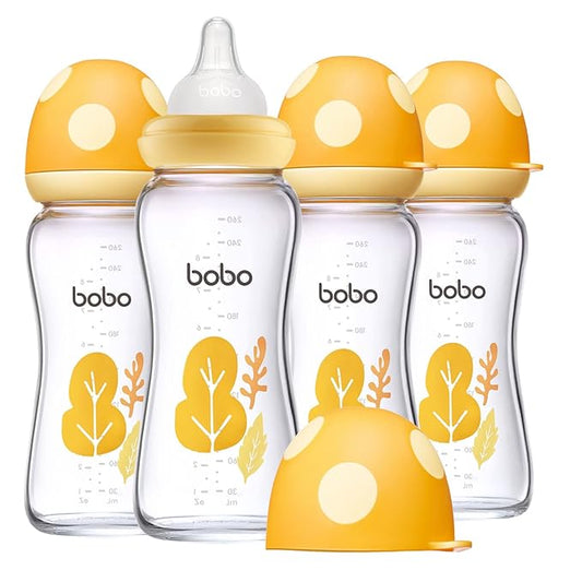 YOHKOH Natural Glass Baby Bottle with Level 2 Medium Flow Nipple, Newborn Anti-Colic Baby Bottles, Wide Neck Mushroom Baby Glass Bottle (Yellow, (8.8oz (Pack of 4))