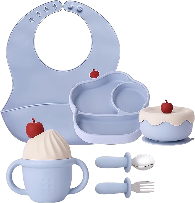 COZY ROCK Silicone Baby Feeding Set, Gelato Collection Baby Led Weaning Supplies, First Self-Feeding Set with Silicone Suction Bowl & Plate, Straw Cup & Bib, Fork & Spoon
