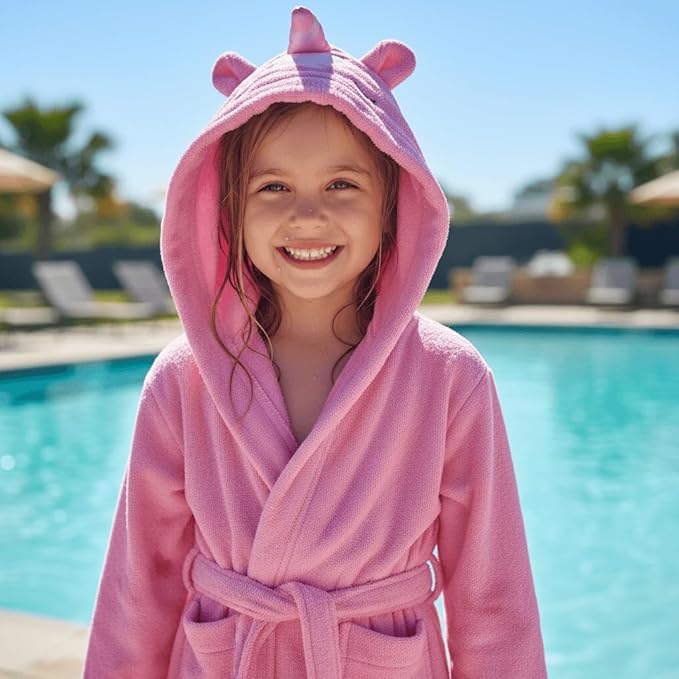 BAGNO MILANO Kids Organic Turkish Cotton Hooded Beach Cover-Up Towel, GOTS Certified, for Boys and Girls (Pink Unicorn, 7-8 Years)