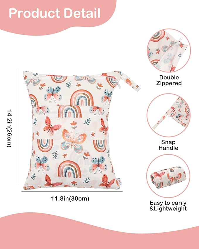 ALVABABY 2 pcs Cloth Diaper Wet Dry Bags Waterproof Reusable with Two Zippered Pockets Travel Beach Pool Daycare Soiled Baby Items Yoga Gym Bag for Swimsuits or Wet Clothes 2LM26
