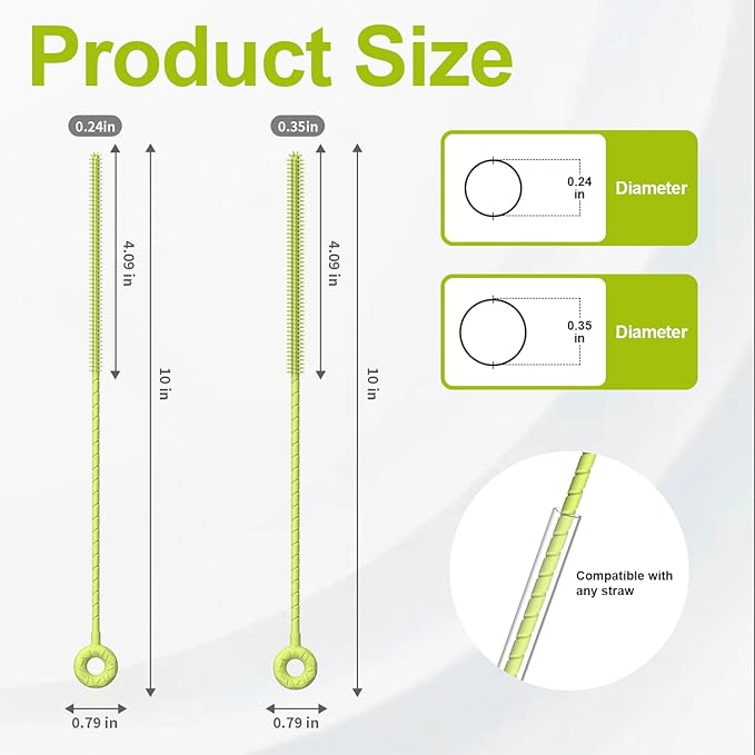 YOTIME Silicone Straw Cleaner Brush, 2 Pcs Reusable Straw Brush(6mm+9mm) for Cleaning Narrow & Wide Straws, Tumblers, Green