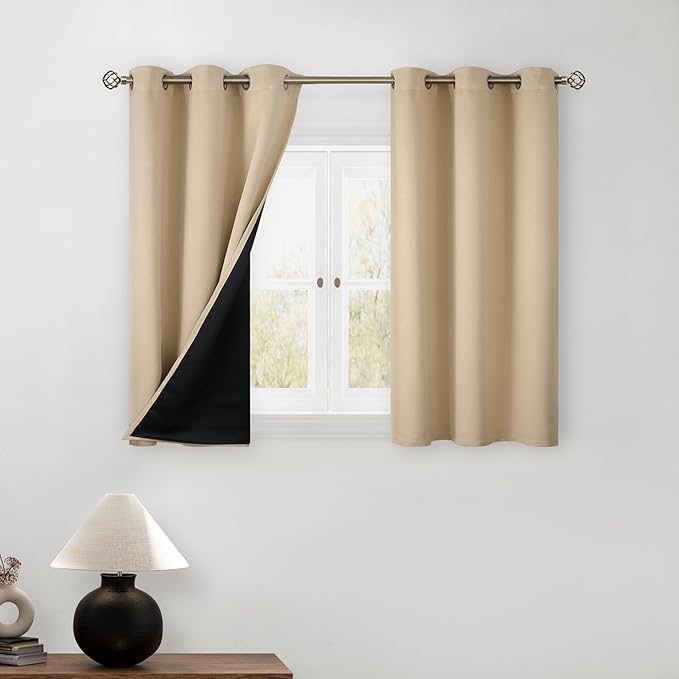 BGment Short Blackout Curtains 30 Inch Length 2 Panels, Thermal Insulated Total Light Blocking Curtains for Bedroom, Grommet Window Drapes with Thick Black Liner, 42 Inch Wide Each Panel, Beige